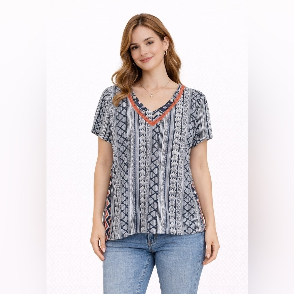 THML blue Aztec print embroidered neckline multicolor top size L